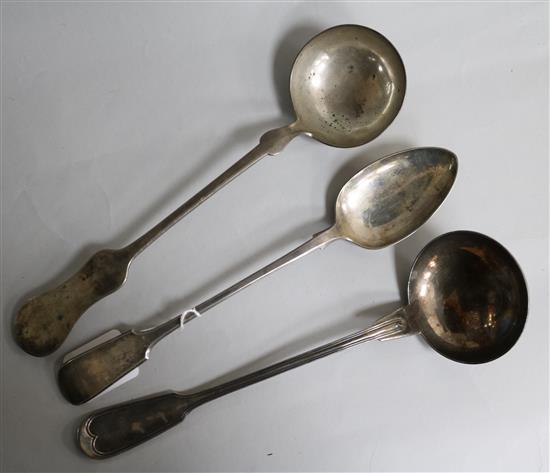 An Austro Hungarian silver basting spoon, a plated basting spoon and a Christofle plated soup ladle.